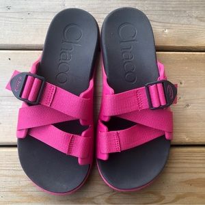 Women's 7 Chaco  Chillos Slide Pink Black Slides Sandals Adjustable Slip Ons